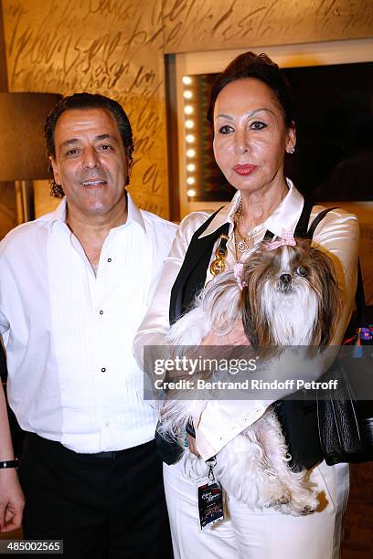 Chico, his wife Radha and their dog pose backstage after the Concert of 'Chico & The Gypsies' with 50 gypsy guitars at L'Olympia on April 14, 2014 in...