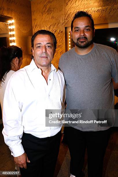 Chico and his son Tonino pose backstage after the Concert of 'Chico & The Gypsies' with 50 gypsy guitars at L'Olympia on April 14, 2014 in Paris,...