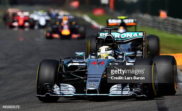 Lewis Hamilton of Great Britain and Mercedes GP drives during the Formula One Grand Prix of Belgium at Circuit de Spa-Francorchamps on August 23,...