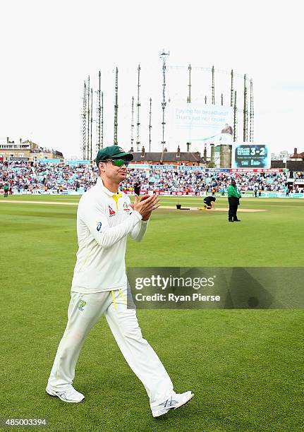 Michael Clarke of Australia walks from the ground after his last test match during day four of the 5th Investec Ashes Test match between England and...