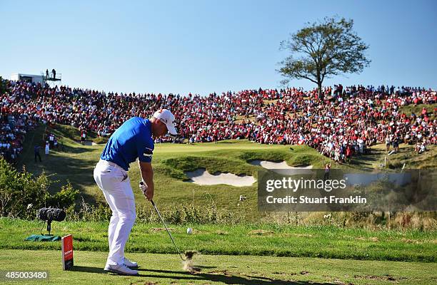 David Horsey of England plays his tee shot on the 16th hole during the final round of the Made in Denmark at Himmerland Golf & Spa Resort on August...