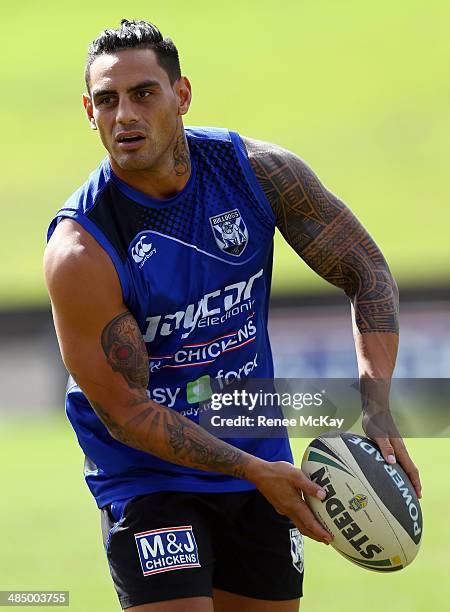 Reni Maitua in action during a Canterbury Bulldogs NRL training session at Belmore Oval on April 16, 2014 in Sydney, Australia.