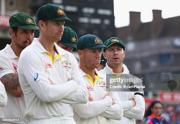 Michael Clarke of Australia looks on during the presentaion during day four of the 5th Investec Ashes Test match between England and Australia at The...