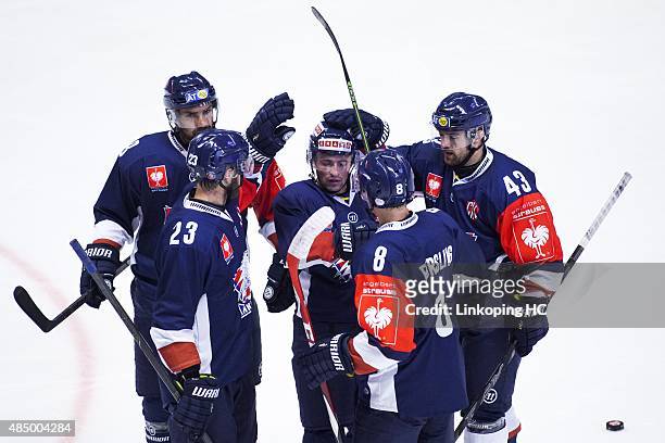 Linkoping HC's Niklas Persson, Gustav Forsling, Nichlas Hardt, Daniel Rahimi and Broc Little celebrates during the Champions Hockey League group...
