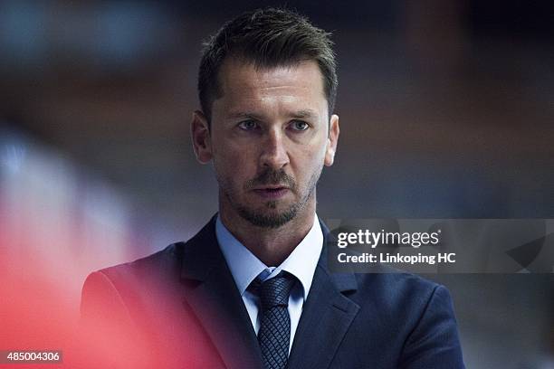 Bern's Assistant Coach Lars Leuenberger during the Champions Hockey League group stage game between Linkoping HC and SC Bern on August 23, 2015 in...