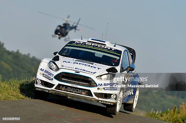 Ott Tanak of Estonia and Raigo Molder of Estonia compete in their M-Sport WRT Ford Fiesta RS WRC during Day Three of the WRC Germany on August 23,...