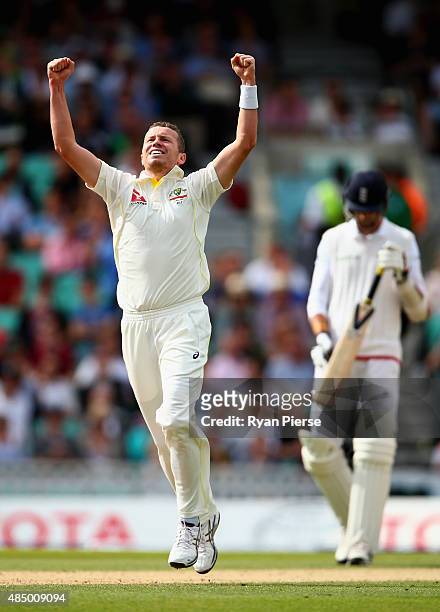 Peter Siddle of Australia celebrates after taking the wicket final of Moeen Ali of England during day four of the 5th Investec Ashes Test match...