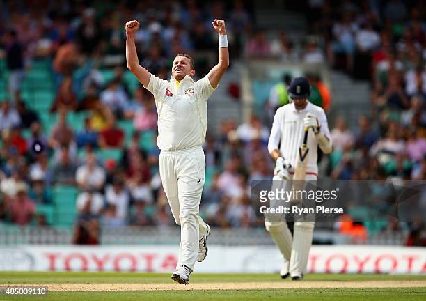 Peter Siddle of Australia celebrates after taking the wicket final of Moeen Ali of England during day four of the 5th Investec Ashes Test match...