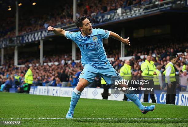 Samir Nasri of Manchester City celebrates scoring his team's second goal during the Barclays Premier League match between Everton and Manchester City...