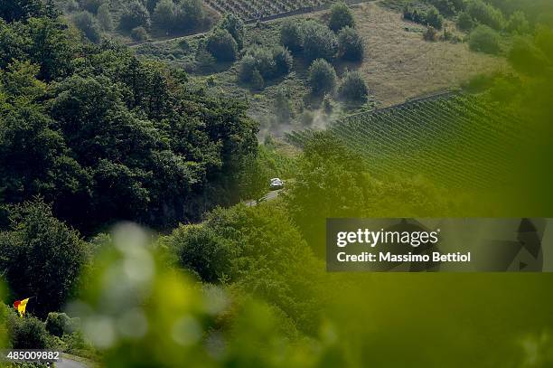 Sebastien Ogier of France and Julien Ingrassia of France compete in their Volkswagen Motorsport Volkswagen Polo R WRC during Day Three of the WRC...