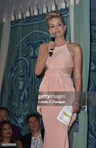 Sharon Stone speaks during the Fourth Annual Hotbed Gala at The Drever Estate on August 22, 2015 in Tiburon, California.