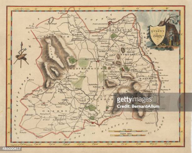 antike karte von queens county irland - ireland map stock-grafiken, -clipart, -cartoons und -symbole