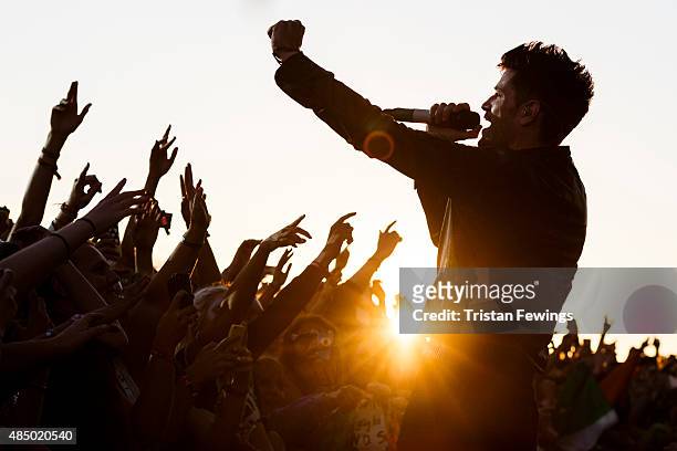 Danny O'Donoghue of The Script performs on Day 2 of the V Festival at Hylands Park on August 23, 2015 in Chelmsford, England.