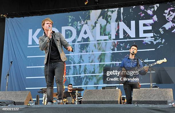 Steve Garrigan, Vinny May and Jason Boland of Kodaline perform on stage during Day 2 of the V Festival at Hylands Park on August 23, 2015 in...