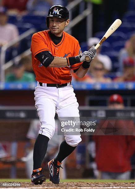 Ichiro Suzuki of the Miami Marlins bats during the game against the Philadelphia Phillies at Marlins Park on August 23, 2015 in Miami, Florida.