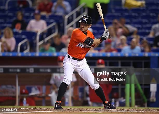 Ichiro Suzuki of the Miami Marlins bats during the game against the Philadelphia Phillies at Marlins Park on August 23, 2015 in Miami, Florida.