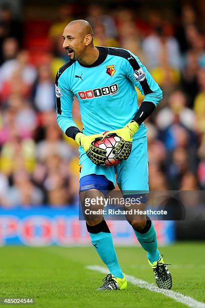 Heurelho Gomes of Watford in action during the Barclays Premier League match between Watford and Southampton at Vicarage Road on August 23, 2015 in...