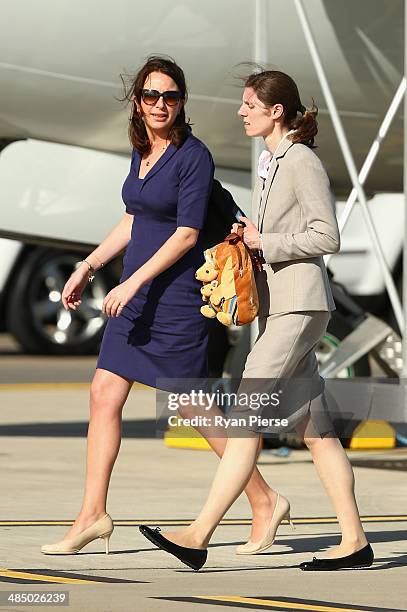 Private Secretary to the Duchess of Cambridge Rebecca Deacon, and Nanny Maria Borrallo arrive at Sydney Airport on RAAF B737 on April 16, 2014 in...