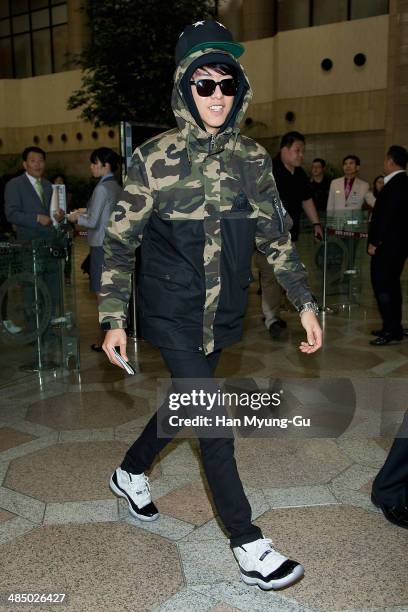 Lee Jung-Shin of South Korean boy band CNBLUE is seen on departure at Gimpo International Airport on April 15, 2014 in Seoul, South Korea.