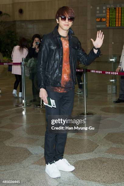 Jung Yong-Hwa of South Korean boy band CNBLUE is seen on departure at Gimpo International Airport on April 15, 2014 in Seoul, South Korea.