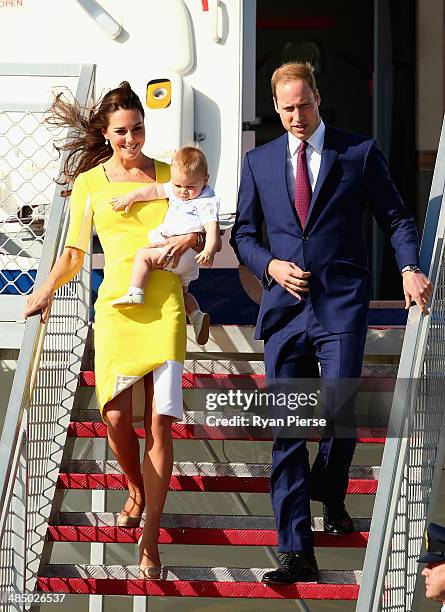 Prince William, Duke of Cambridge, Catherine, Duchess of Cambridge and Prince George of Cambridge arrive at Sydney Airport on RAAF B737 on April 16,...