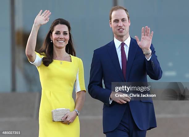 Prince William, Duke of Cambridge and Catherine, Duchess of Cambridge greet the crowds of public outside Sydney Opera House on April 16, 2014 in...