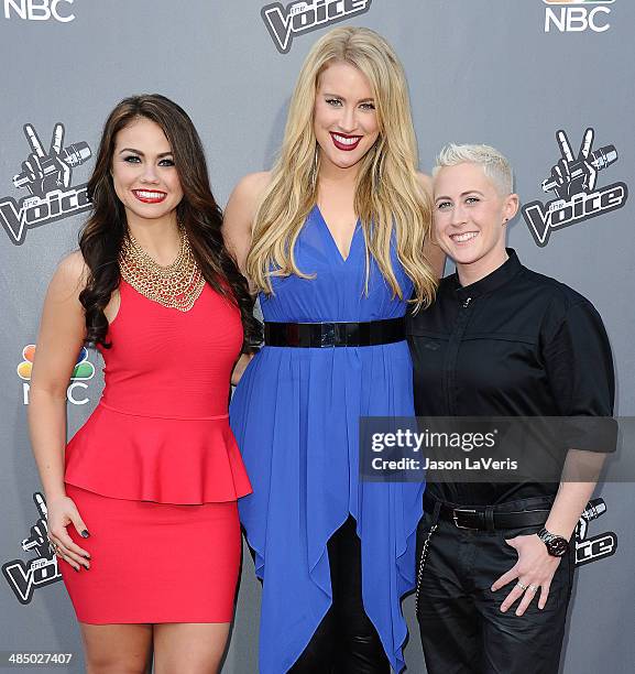 Singers Tess Boyer, Dani Moz and Kristen Merlin attend "The Voice" season 6 top 12 red carpet event at Universal CityWalk on April 15, 2014 in...
