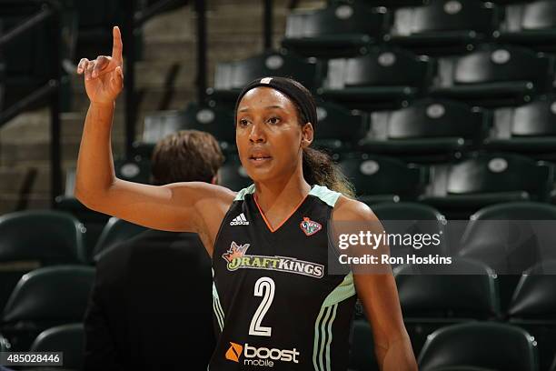 Candice Wiggins of the New York Liberty warms up before a game against the Indiana Fever on August 23, 2015 in Indianapolis, Indiana. NOTE TO USER:...