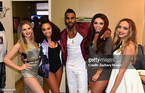 Perrie Edwards and Leigh-Anne Pinnock of Little Mix, Jason Derulo, Jesy Nelson and Jade Thirlwall of Little Mix pose backstage at Nikon at Jones...