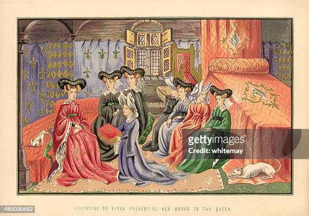 christine de pisan presenting her works to the queen - lady in waiting stock illustrations