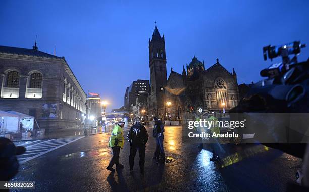 April 15 : Boston police investigate the scene of a suspicious backpacks left near Boston Marathon finish line on the first anniversary of Marathon...