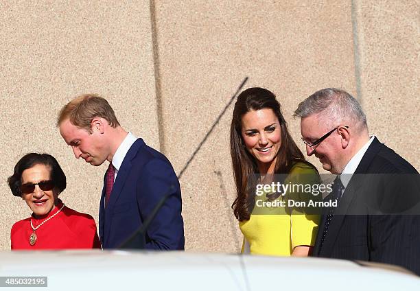 Prince William, Duke of Cambridge and Catherine, Duchess of Cambridge are seen talking to Her Excellency Professor the Honourable Marie Bashir and...