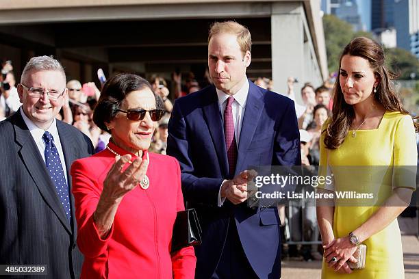 Prince William, Duke of Cambridge and Catherine, Duchess of Cambridge are greeted by Governor of NSW Marie Bashir and Don Harwin MLC at the Sydney...