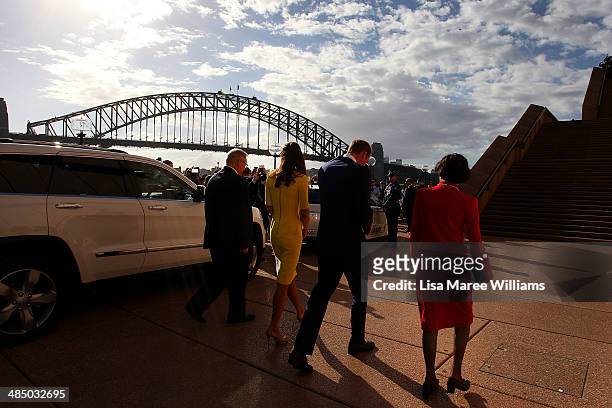 Prince William, Duke of Cambridge and Catherine, Duchess of Cambridge are escorted by Don Harwin MLC and Governor of NSW Marie Bashir as they arrive...