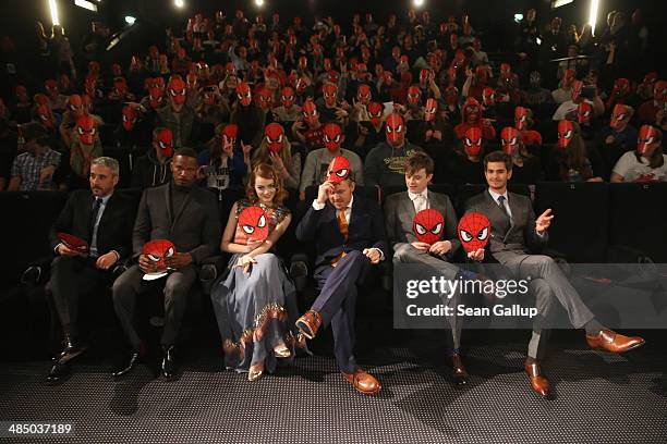 Matthew Tolmach, Marc Webb, Emma Stone, Andrew Garfield, Dane DeHaan and Jamie Foxx attend the 'The Amazing Spider-Man 2: Rise Of Electro' Berlin...