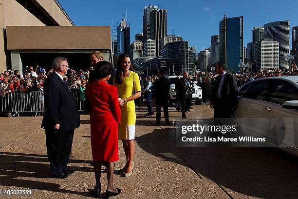 Prince William, Duke of Cambridge and Catherine, Duchess of Cambridge are greeted by Governor of NSW Marie Bashir and Don Harwin MLC at the Sydney...