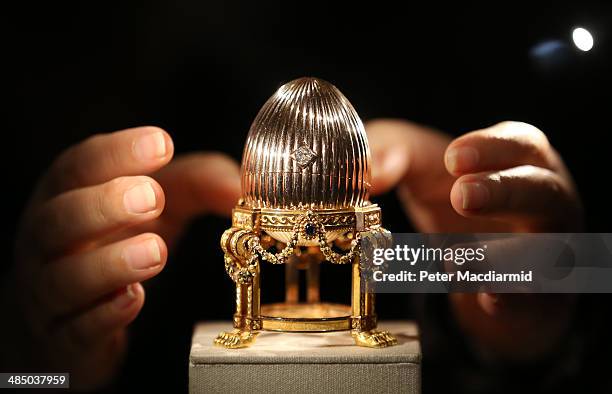 The Third Faberge Imperial Easter Egg is displayed at Court Jewellers Wartski on April 16, 2014 in London, England. This rare Imperial Faberge Easter...