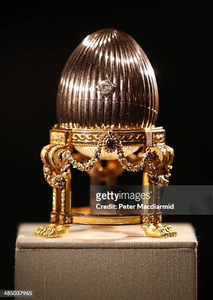 The Third Faberge Imperial Easter Egg is displayed at Court Jewellers Wartski on April 16, 2014 in London, England. This rare Imperial Faberge Easter...