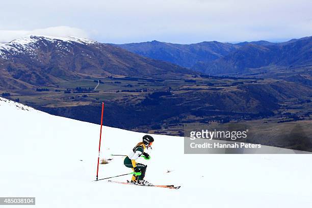 Patrick Jensen of Australia competes in the Men Slalom Visually Impaired B3 in the IPC Alpine Adaptive Slalom Southern Hemisphere Cup during the...