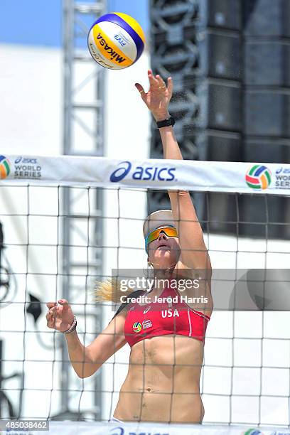 Team USA's Kerri Walsh Jennings participates in the ASICS World Series of Volleyball - Celebrity Charity Match on August 23, 2015 in Long Beach,...