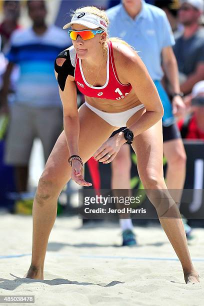 Team USA's Kerri Walsh Jennings participates in the ASICS World Series of Volleyball - Celebrity Charity Match on August 23, 2015 in Long Beach,...
