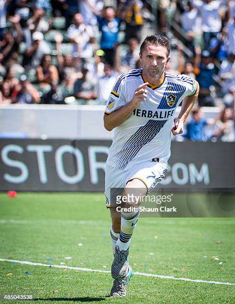 August 23: Robbie Keane of Los Angeles Galaxy celebrates his first goal of the Los Angeles Galaxy's MLS match against New York City FC at the StubHub...