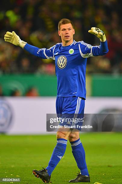 Max Grün of Wolfsburg in action during the DFB Cup semi final match between Borussia Dortmund and VfL Wolfsburg at Signal Iduna Park on April 15,...