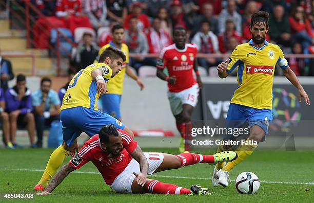 Benfica's forward Mitroglou with FC Arouca's defender Hugo Basto in action during the Primeira Liga match between FC Arouca and SL Benfica at Estadio...