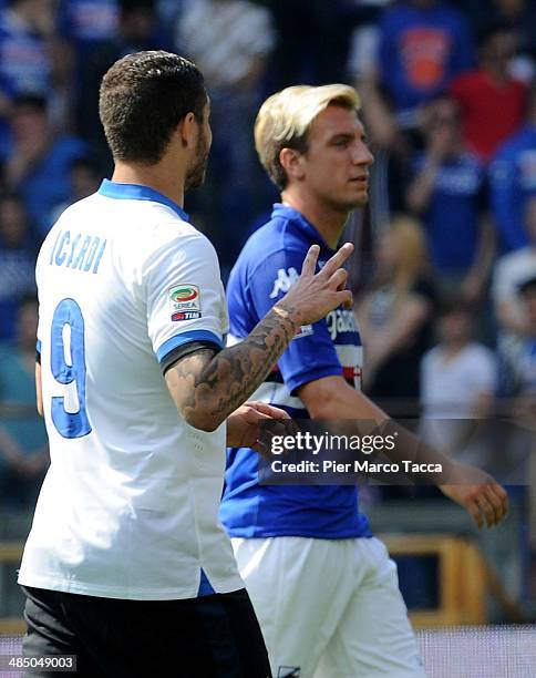 Mauro Icardi of FC Internazionale and Maxi Lopez of UC Sampdoria during the Serie A match UC Sampdoria and FC Internazionale Milano at Stadio Luigi...