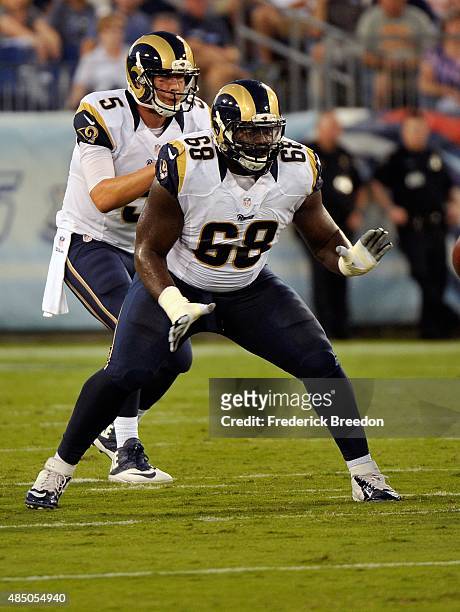 Jamon Brown of the St. Louis Rams blocks against the Tennessee Titans during the first half of a pre-season game at Nissan Stadium on August 23, 2015...