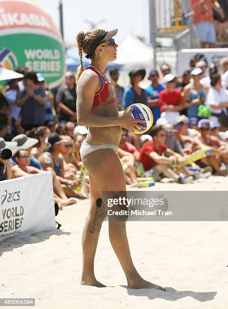 Team USA's April Ross attends the ASICS World Series of Volleyball - celebrity charity match held on August 23, 2015 in Long Beach, California.