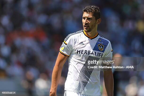 Omar Gonzalez of LA Galaxy during the MLS match between Los Angeles Galaxy and New York City FC at StubHub Center on August 23, 2015 in Los Angeles,...