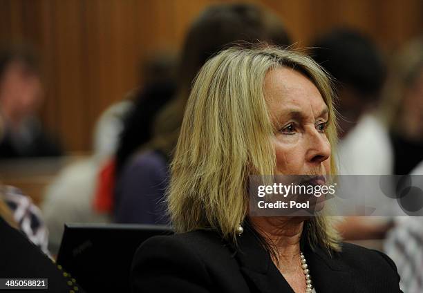 June Steenkamp listens to evidence in the Pretoria High Court on April 16 in Pretoria, South Africa. Oscar Pistorius stands accused of the murder of...