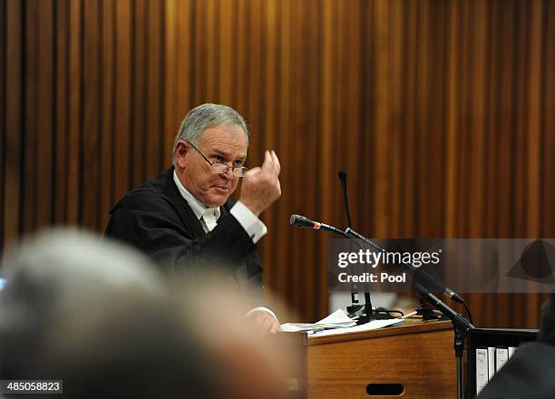 Prosecutor Gerrie Nel questions forensic expert, Roger Dixon, in the Pretoria High Court on April 16 in Pretoria, South Africa. Oscar Pistorius...